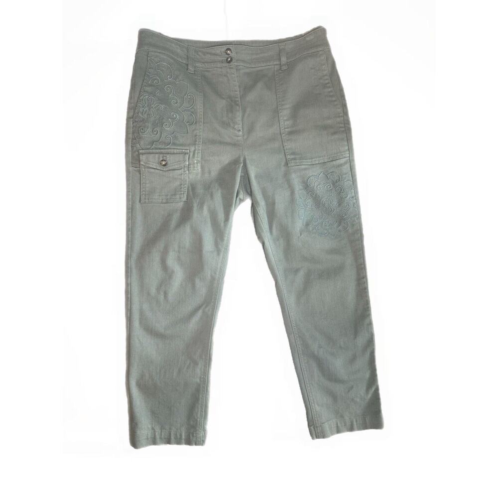 J Jill Olive Green Caraway Embroidered Woman Size 12 Pants Cargo Pocket Boho